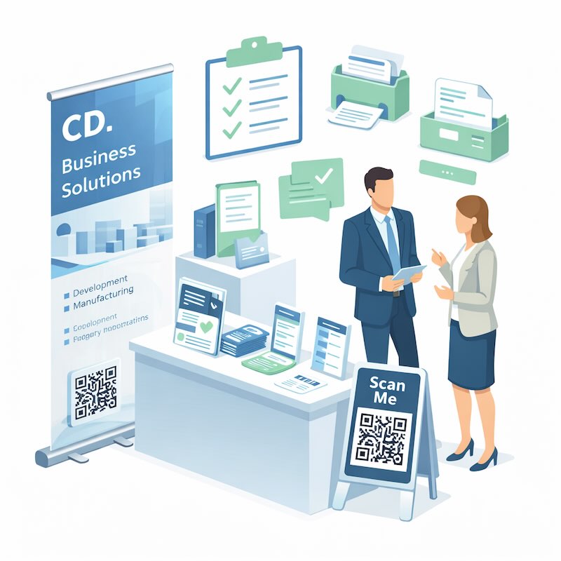 stand-salon-professionnel-supports-imprimes Illustration impression pour salon professionnel avec supports print, stand d’exposition, roll-up, flyers, brochures et QR code pour générer des leads